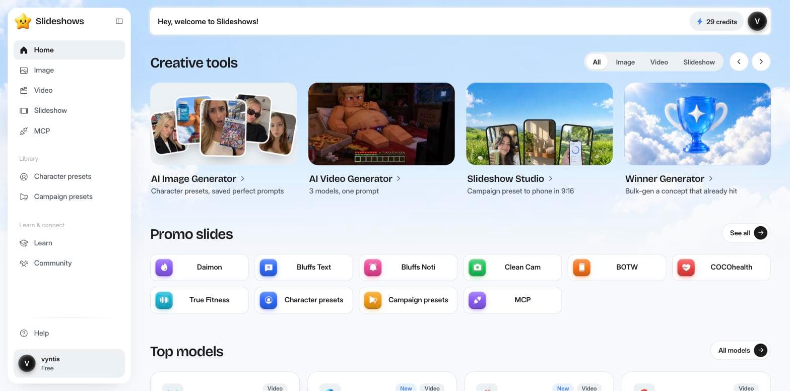 The Slideshows home screen with creative tools, promo slide tools and models
